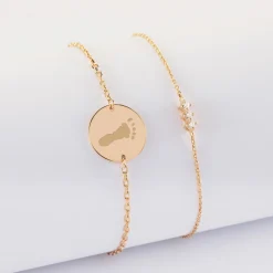 Duo bracelets personnalisés chaine trio scintillant et médaille gravée plaqué or 2 trous 15 mm