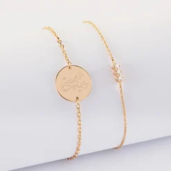 Duo bracelets personnalisés chaine trio scintillant et médaille gravée plaqué or 2 trous 15 mm
