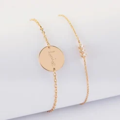 Duo bracelets personnalisés chaine trio scintillant et médaille gravée plaqué or 2 trous 15 mm
