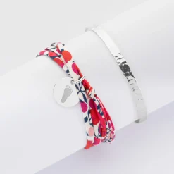 Duo bracelets personnalisés Jonc plat martelé et Liberty 3 tours médaille gravée argent 15 mm