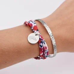 Duo bracelets personnalisés Jonc plat martelé et Liberty 3 tours médaille gravée argent 15 mm