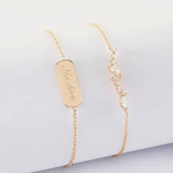 Duo bracelets personnalisés chaine barrette scintillante et médaille gravée plaqué or plaque 20x8 mm