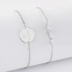 Duo bracelets personnalisés chaine barrette scintillante et médaille gravée argent 2 trous 15 mm