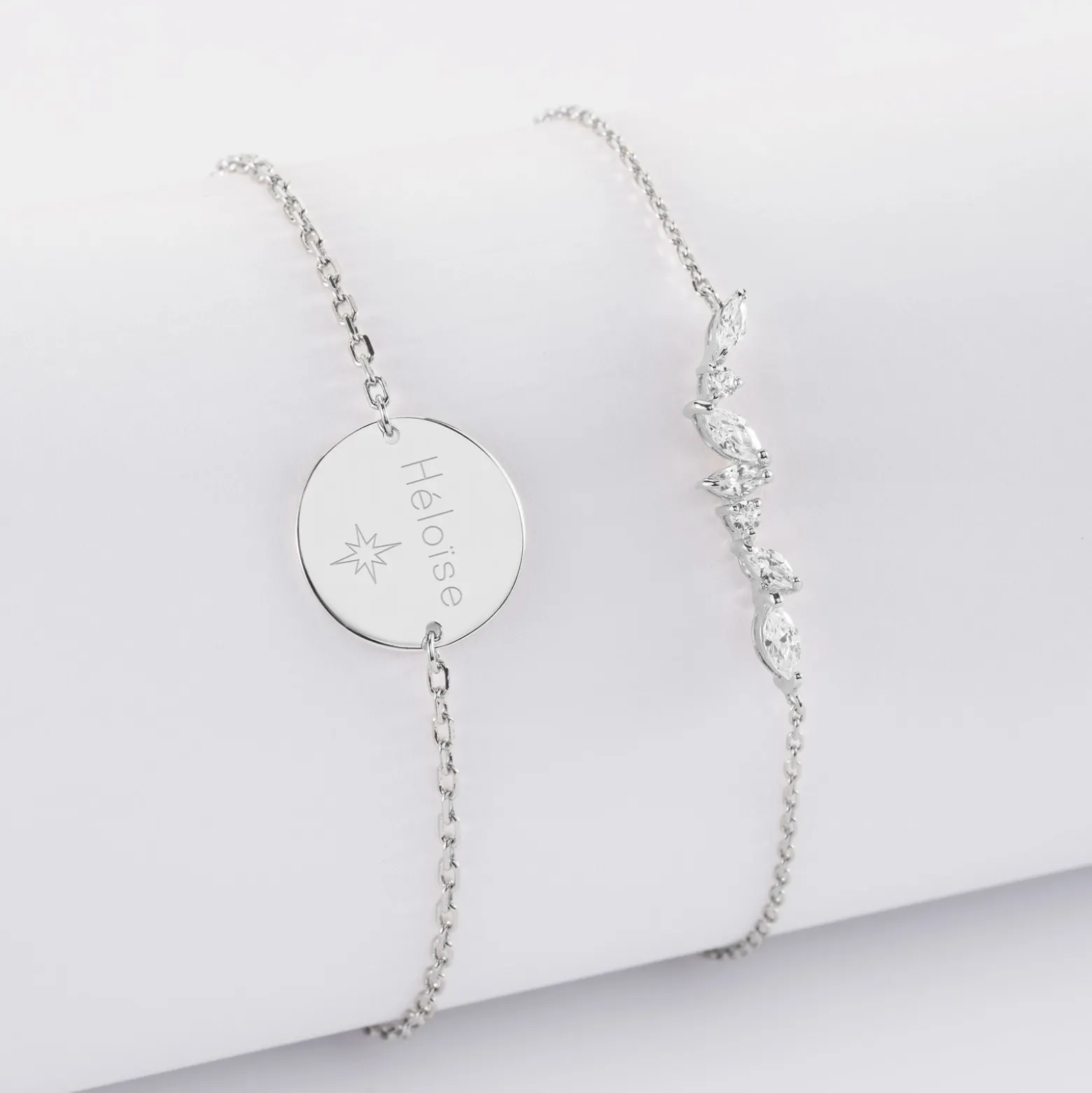 Duo bracelets personnalisés chaine barrette scintillante et médaille gravée argent 2 trous 15 mm