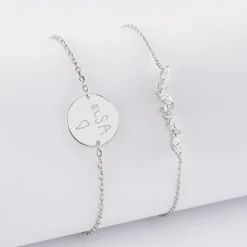 Duo bracelets personnalisés chaine barrette scintillante et médaille gravée argent 2 trous 15 mm