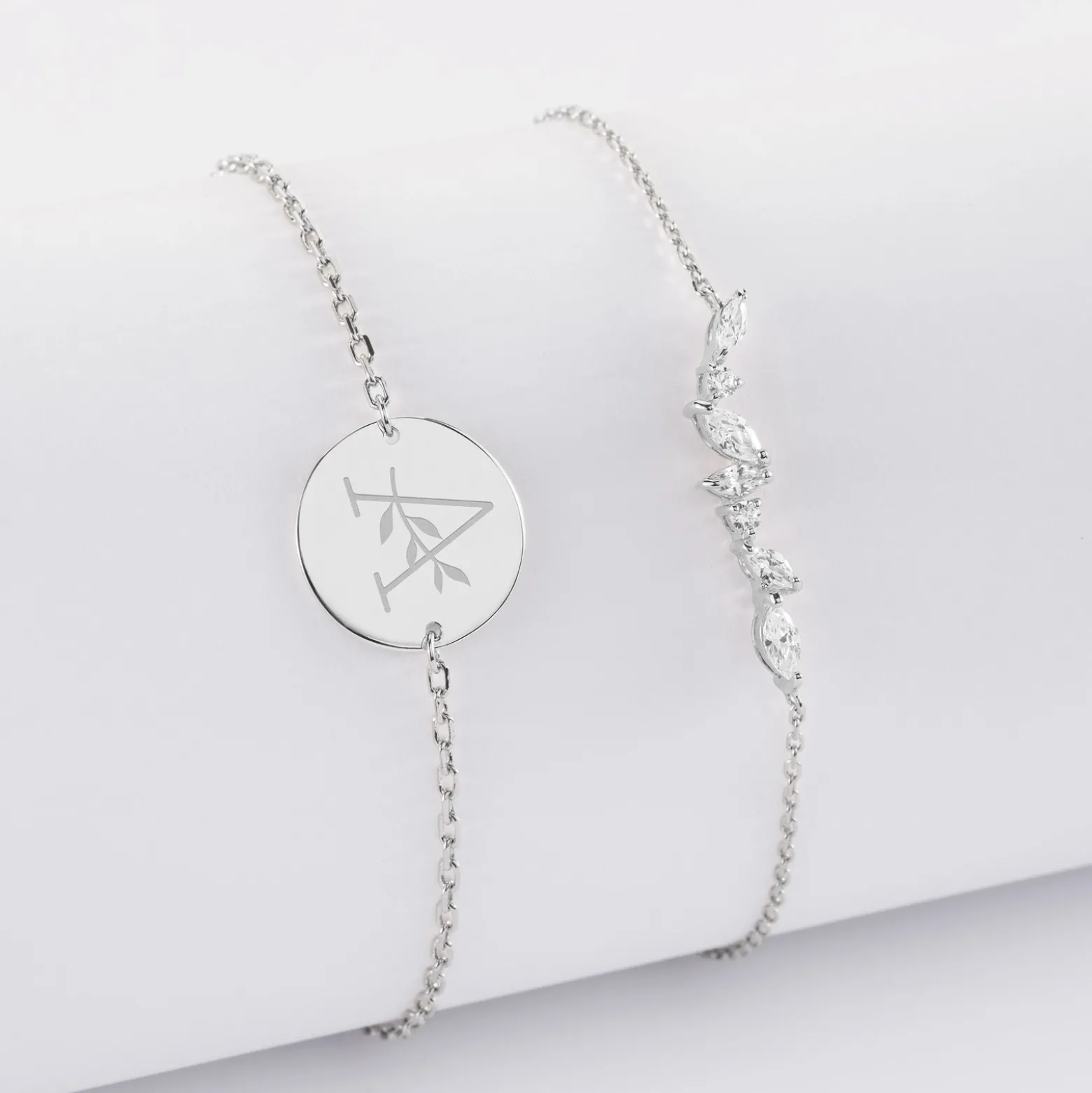 Duo bracelets personnalisés chaine barrette scintillante et médaille gravée argent 2 trous 15 mm