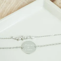 Duo bracelets personnalisés chaine barrette scintillante et médaille gravée argent 2 trous 15 mm