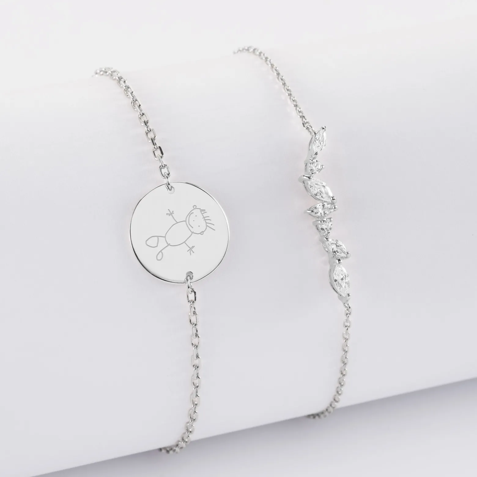 Duo bracelets personnalisés chaine barrette scintillante et médaille gravée argent 2 trous 15 mm