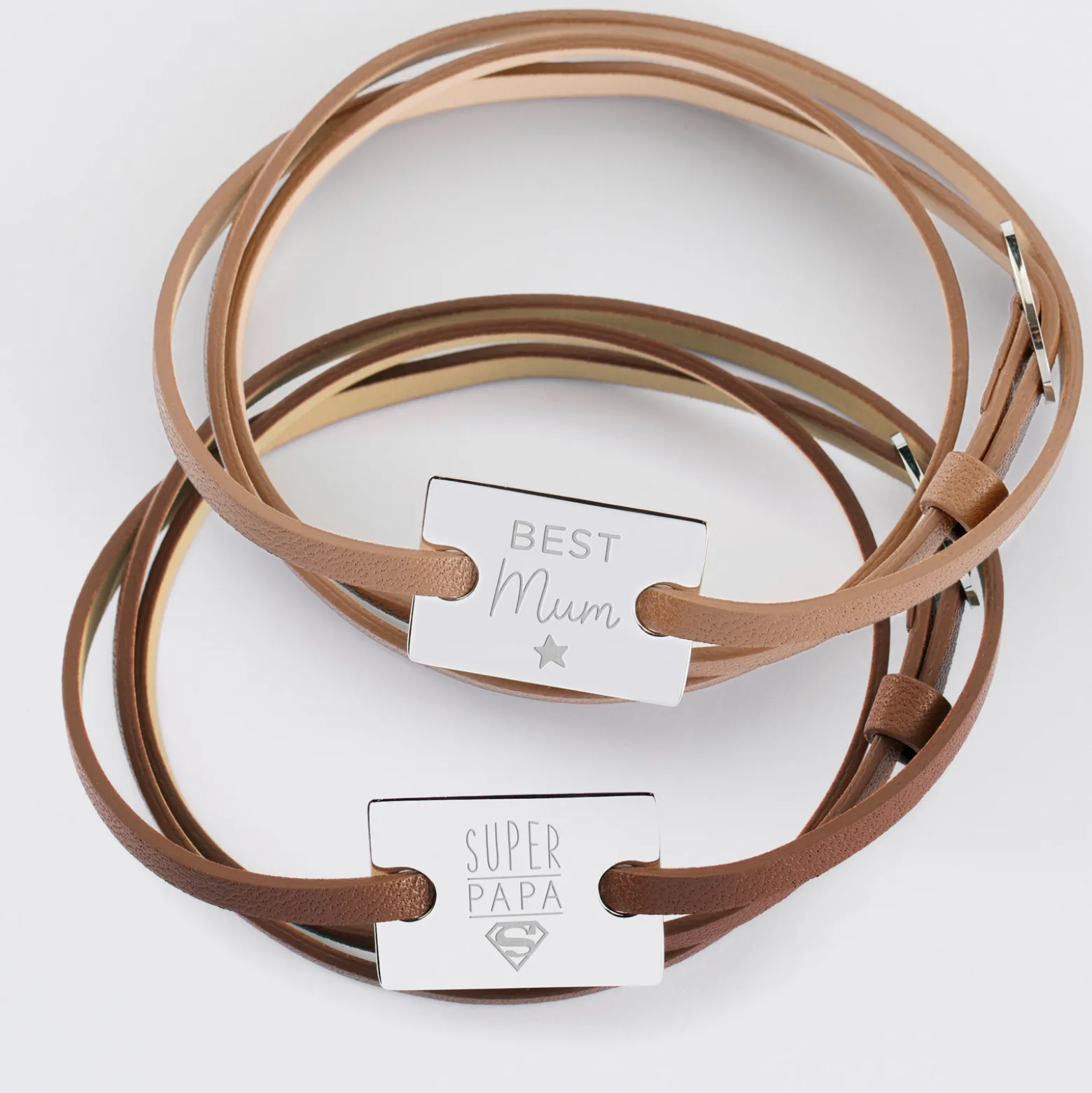 Duo de bracelets cuir personnalisés médailles gravées argent rectangles 2 trous 23x16 mm