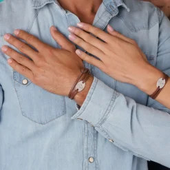 Duo de bracelets cuir personnalisés médailles gravées argent ovales 2 trous 25x16 mm