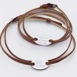 Duo de bracelets cuir personnalisés médailles gravées argent ovales 2 trous 25x16 mm