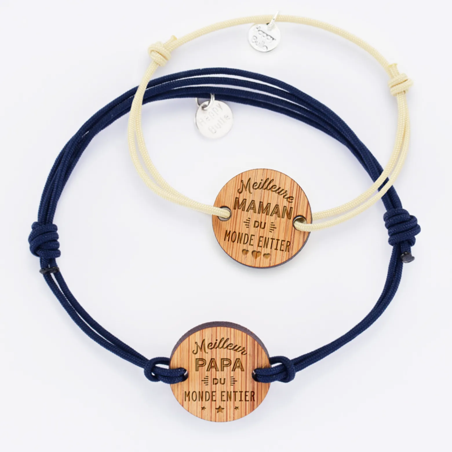 Duo de bracelets médailles gravées bois rondes 2 trous 21 mm Meilleurs Maman et Papa