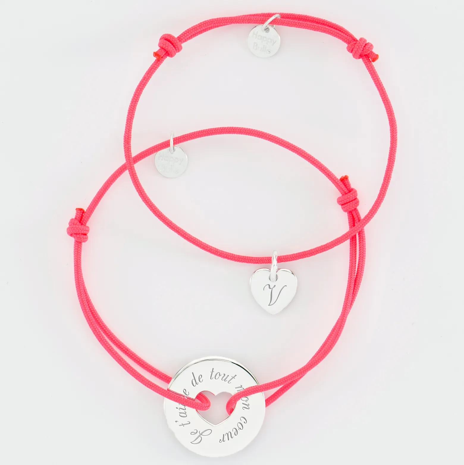 Duo de bracelets médailles gravées argent cible coeur 21 mm et coeur 10mm