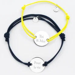 Duo de bracelets personnalisés médailles gravées argent 2 trous 20 mm