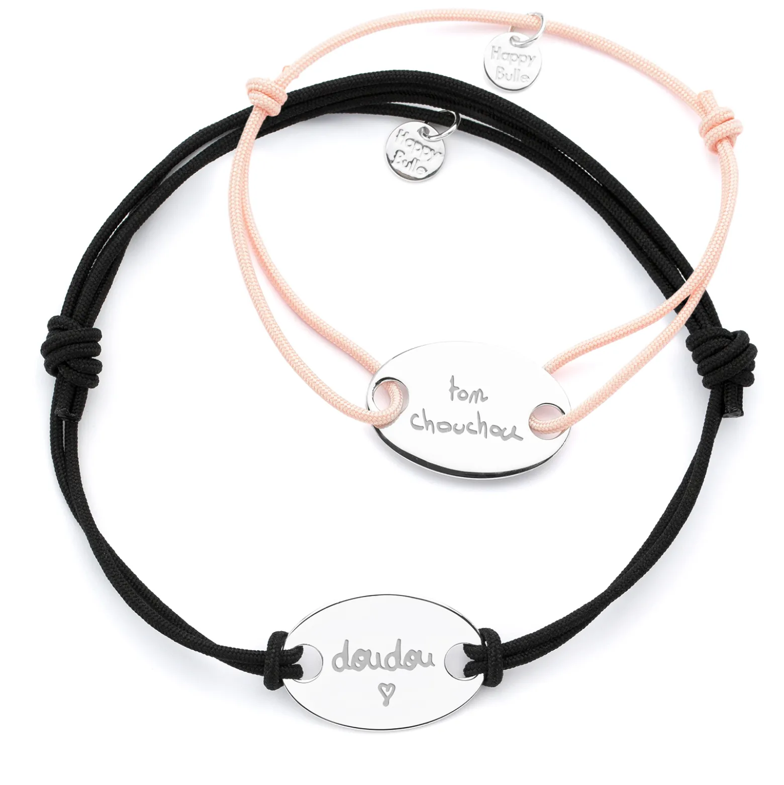 Duo de bracelets personnalisés médailles gravée argent ovale 2 trous 25x16 mm