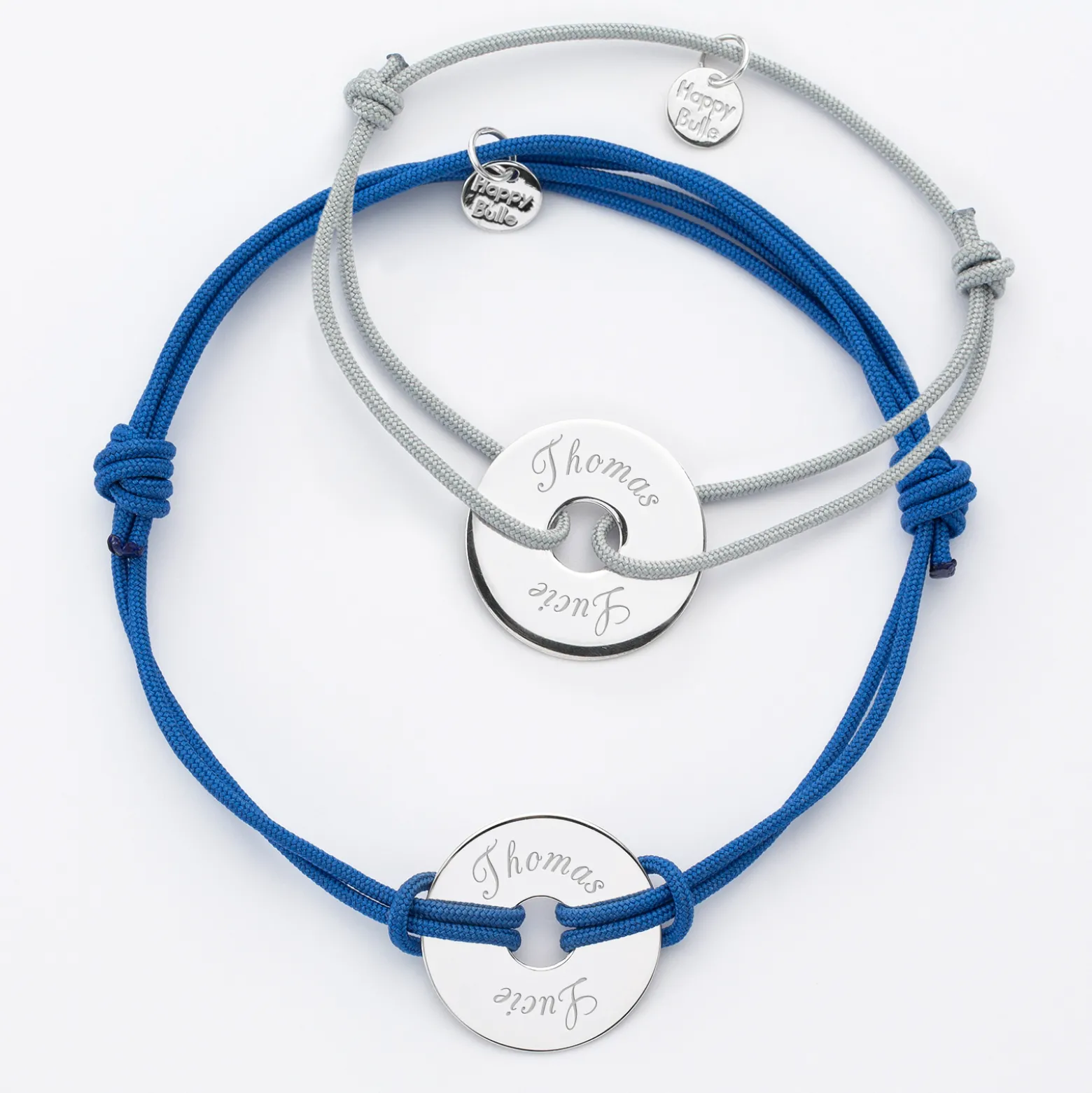 Duo de bracelets personnalisés médailles gravées argent cible 20 mm