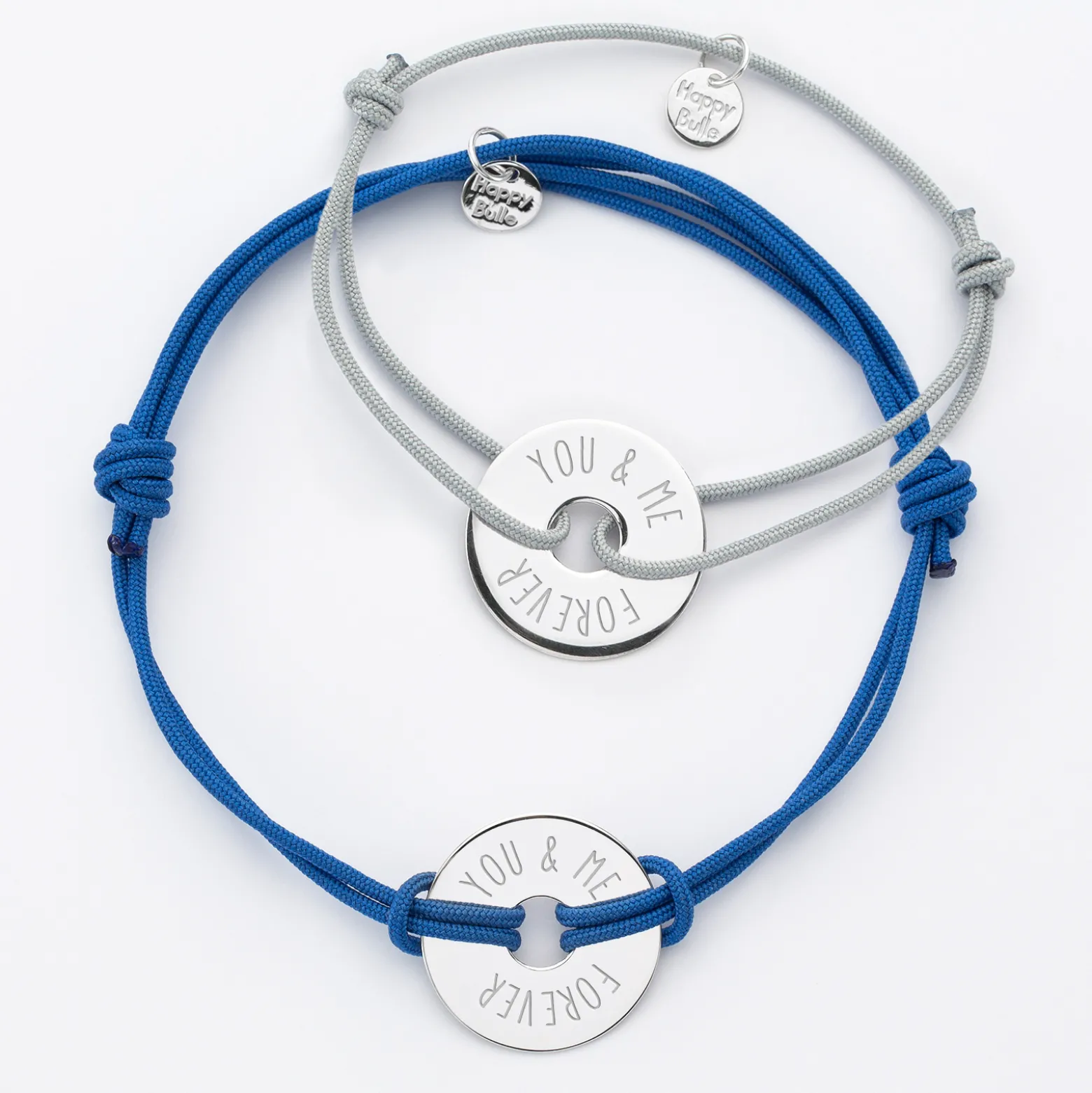 Duo de bracelets personnalisés médailles gravées argent cible 20 mm