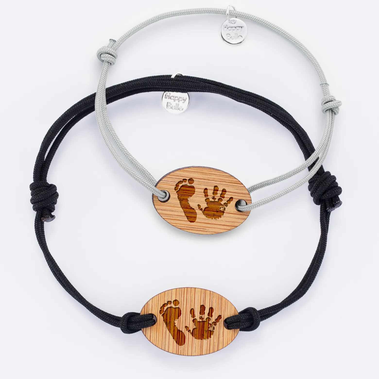 Duo de bracelets personnalisés médailles gravées bois ovale 25x17 mm