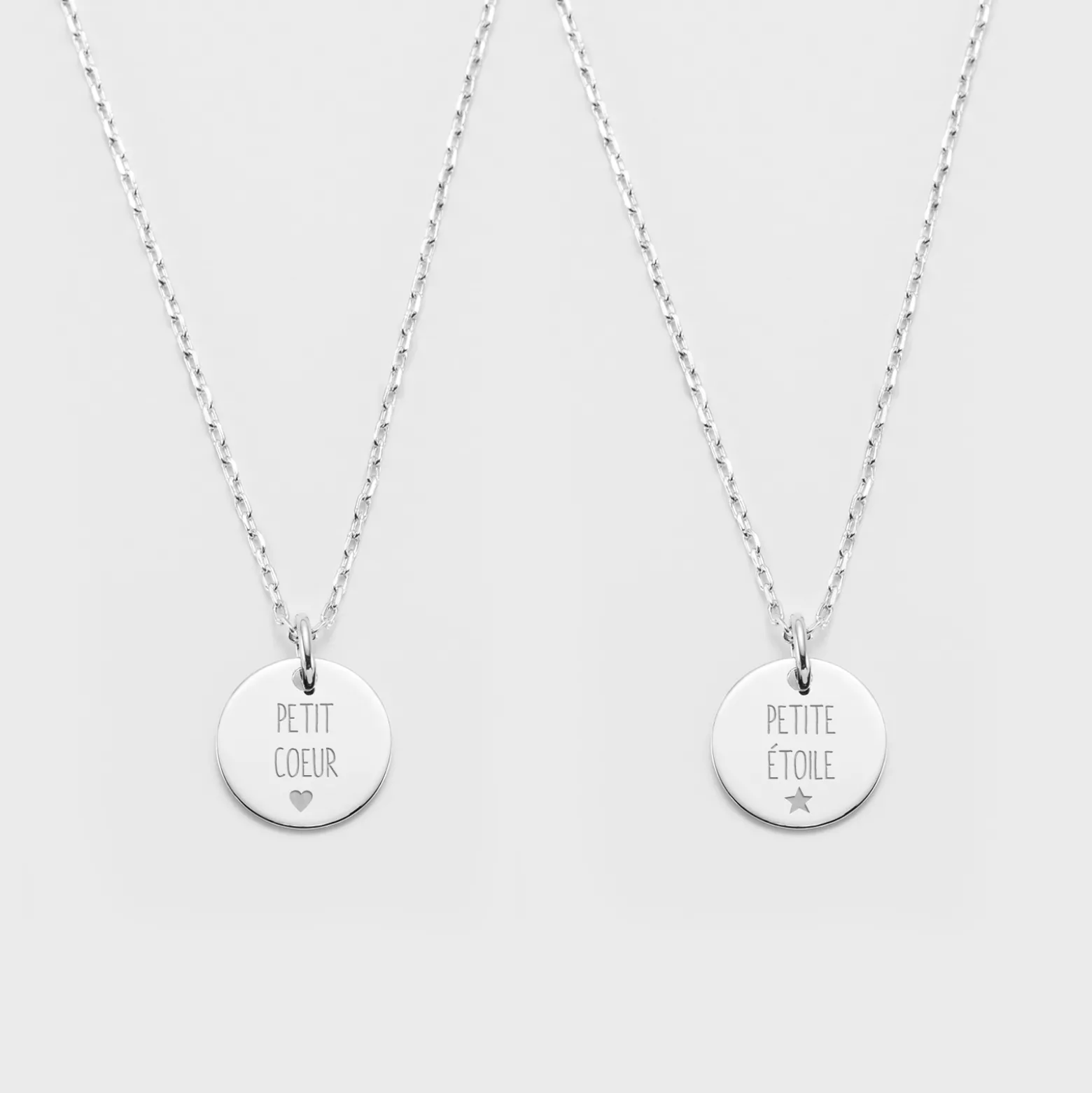 Duo de pendentifs personnalisés médailles gravées argent 15 mm