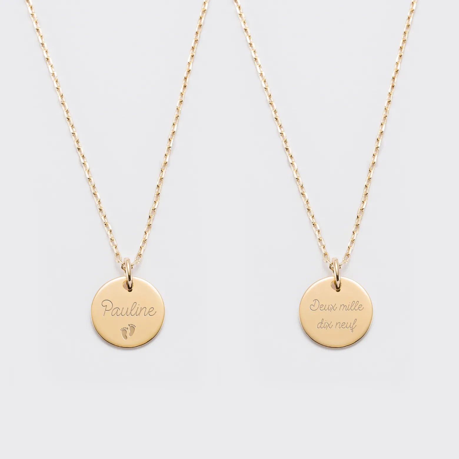 Duo de pendentifs personnalisés médailles gravées plaqué or 15 mm