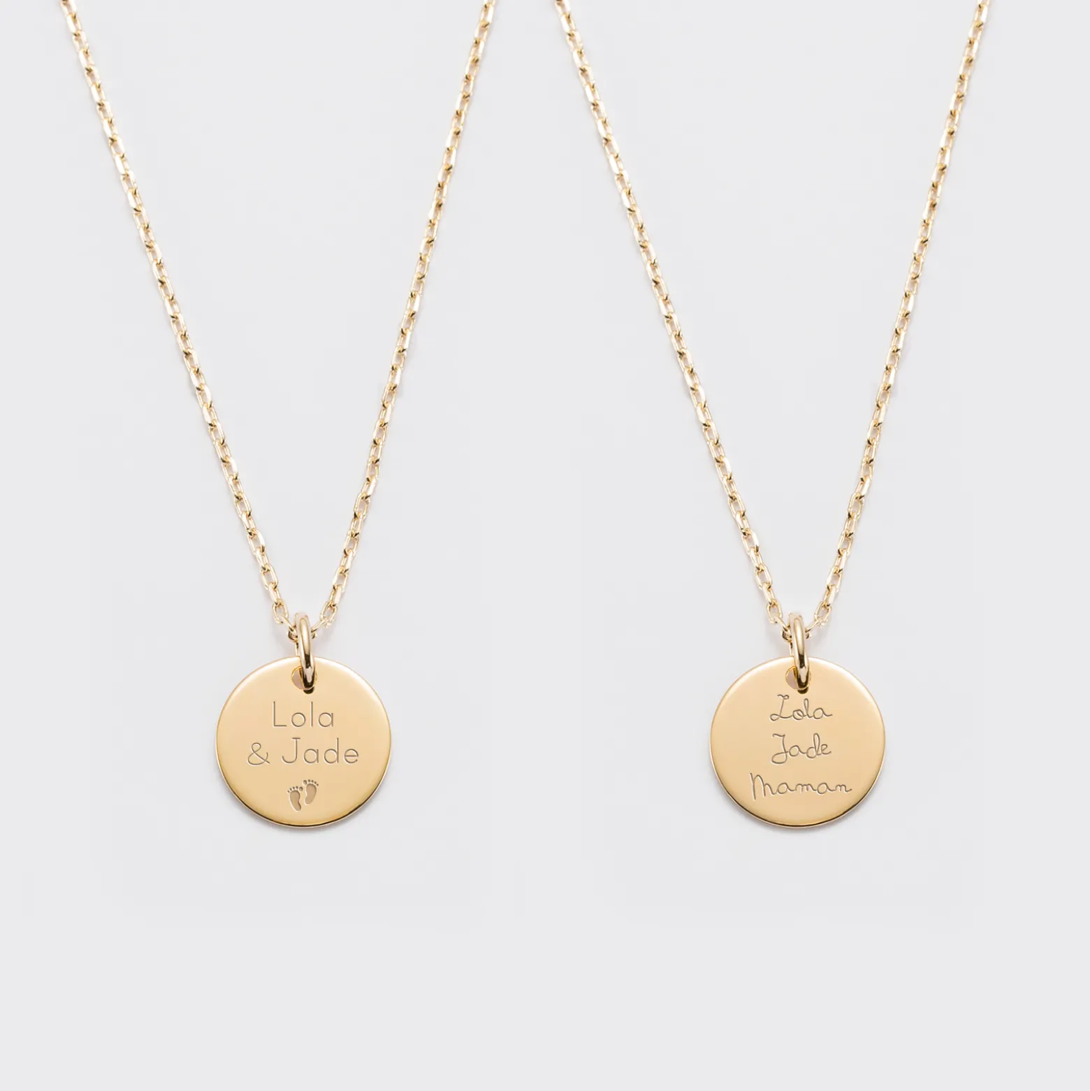 Duo de pendentifs personnalisés médailles gravées plaqué or 15 mm