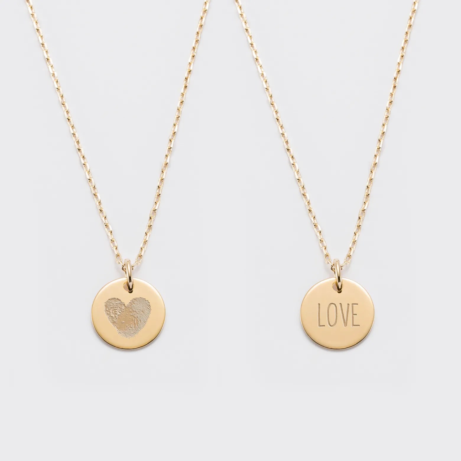 Duo de pendentifs personnalisés médailles gravées plaqué or 15 mm