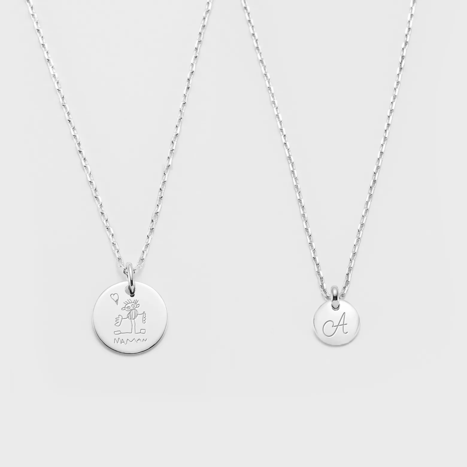 Duo de pendentifs personnalisés médailles gravées argent 15 mm et 10 mm