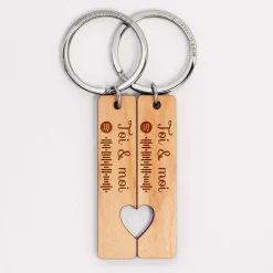 Duo de porte-clés coeurs Spotify personnalisés médailles gravées bois plaques 16x66 mm