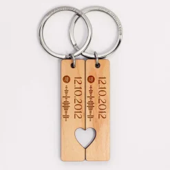Duo de porte-clés coeurs Spotify personnalisés médailles gravées bois plaques 16x66 mm