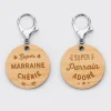 Duo de porte-clés gravés bois médailles rondes 50 mm Parrain et Marraine