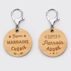 Duo de porte-clés gravés bois médailles rondes 50 mm Parrain et Marraine