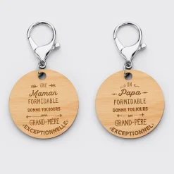 Duo de porte-clés gravés bois médailles rondes 50 mm Papy et Mamie