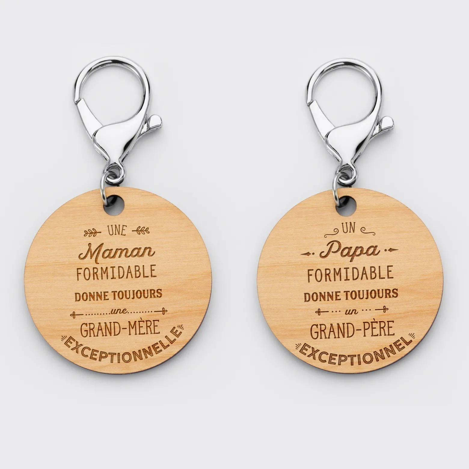 Duo de porte-clés gravés bois médailles rondes 50 mm Papy et Mamie