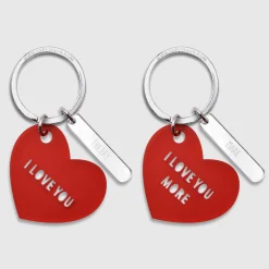 Duo de porte-clés personnalisés médailles coeur acrylique rouge et breloques miroir gravées 40x8 mm