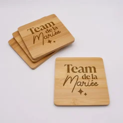 Lot de 4 sous-verres EVJF personnalisés gravés bambou 10x10 cm