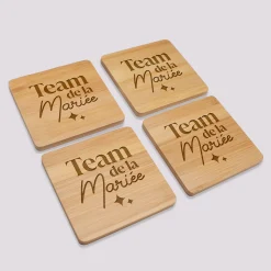 Lot de 4 sous-verres EVJF personnalisés gravés bambou 10x10 cm