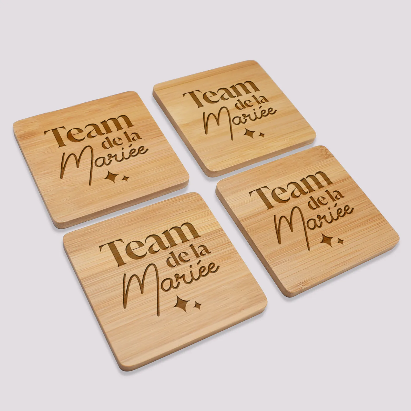 Lot de 4 sous-verres EVJF personnalisés gravés bambou 10x10 cm