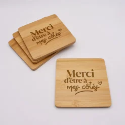 Lot de 4 sous-verres EVJF personnalisés gravés bambou 10x10 cm