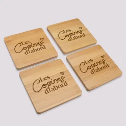 Lot de 4 sous-verres EVJF personnalisés gravés bambou 10x10 cm