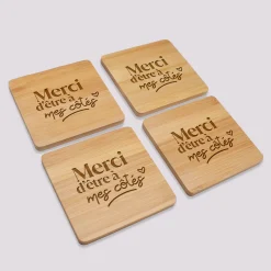 Lot de 4 sous-verres EVJF personnalisés gravés bambou 10x10 cm