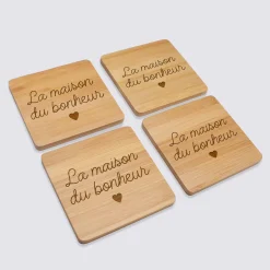 Lot de 4 sous-verres personnalisés gravés bambou 10x10 cm