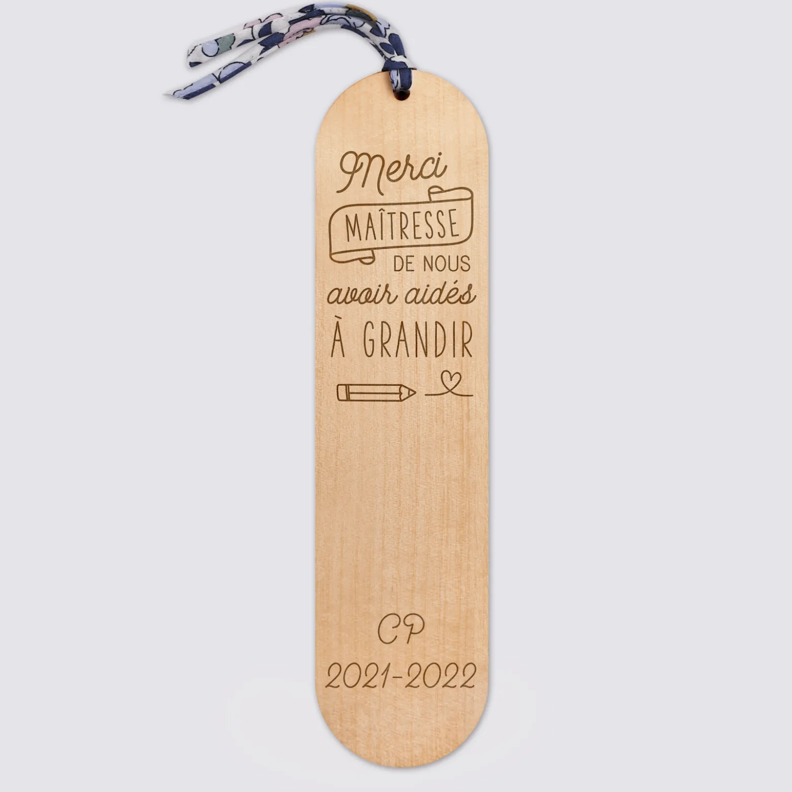 Marque page personnalisé bois gravé avec cordon liberty - édition spéciale "Merci Maîtresse"