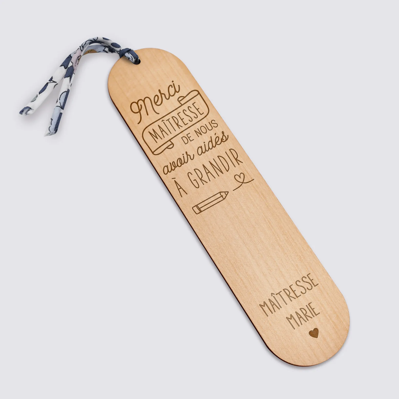 Marque page personnalisé bois gravé avec cordon liberty - édition spéciale "Merci Maîtresse"
