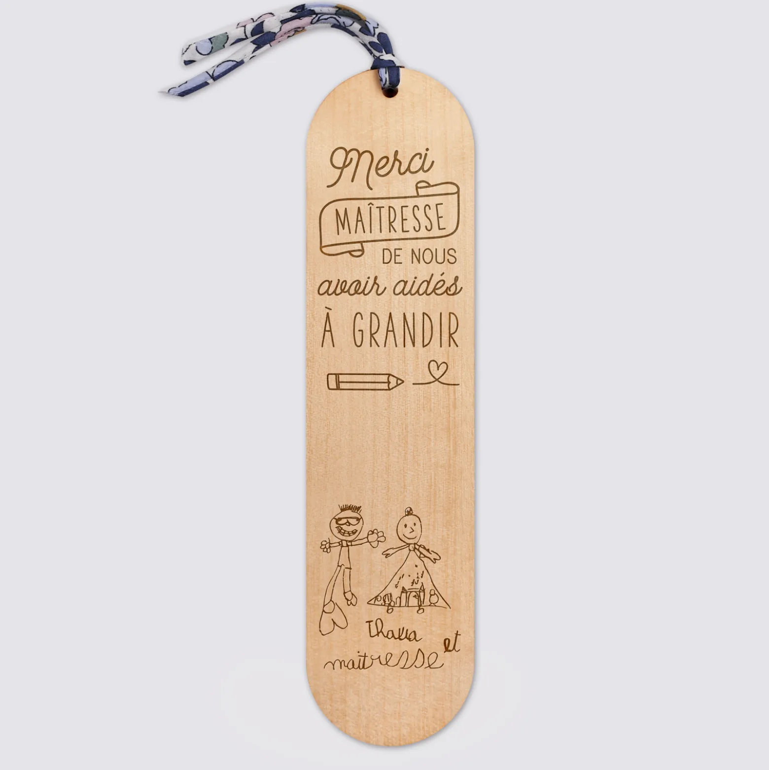Marque page personnalisé bois gravé avec cordon liberty - édition spéciale "Merci Maîtresse"