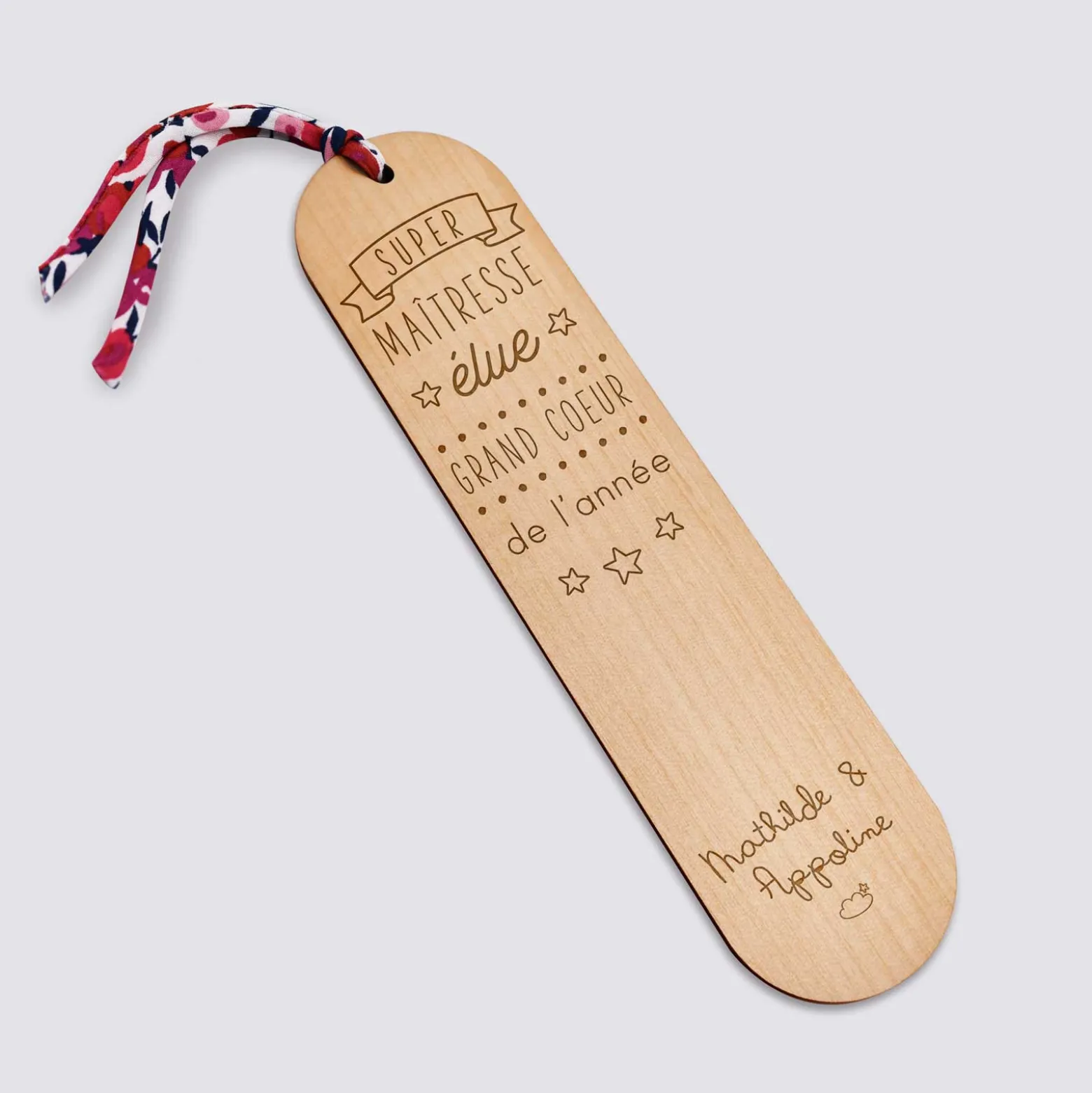 Marque page personnalisé bois gravé avec cordon liberty - édition spéciale "Super Maîtresse"