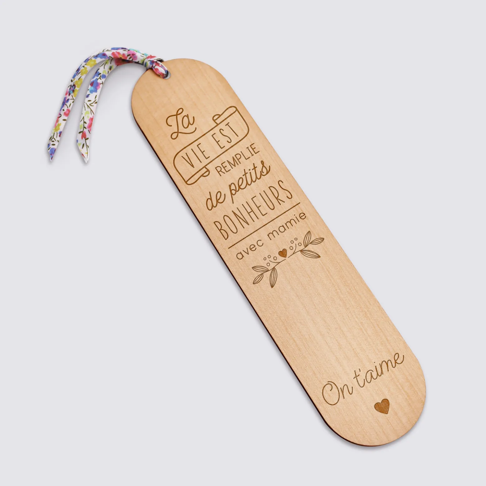 Marque page personnalisé bois gravé avec cordon liberty - édition spéciale "Petits bonheurs"