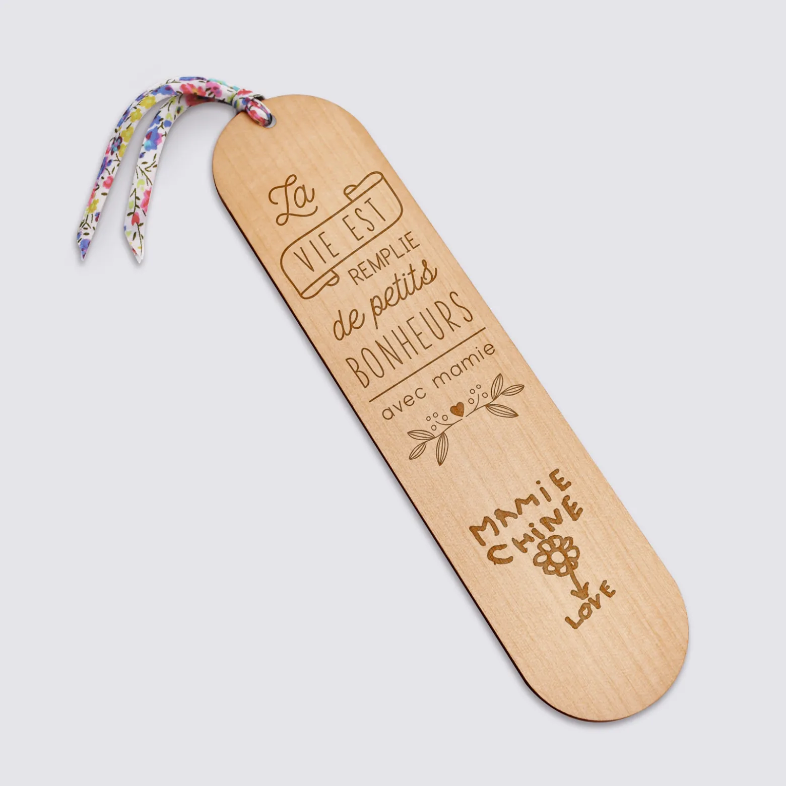 Marque page personnalisé bois gravé avec cordon liberty - édition spéciale "Petits bonheurs"