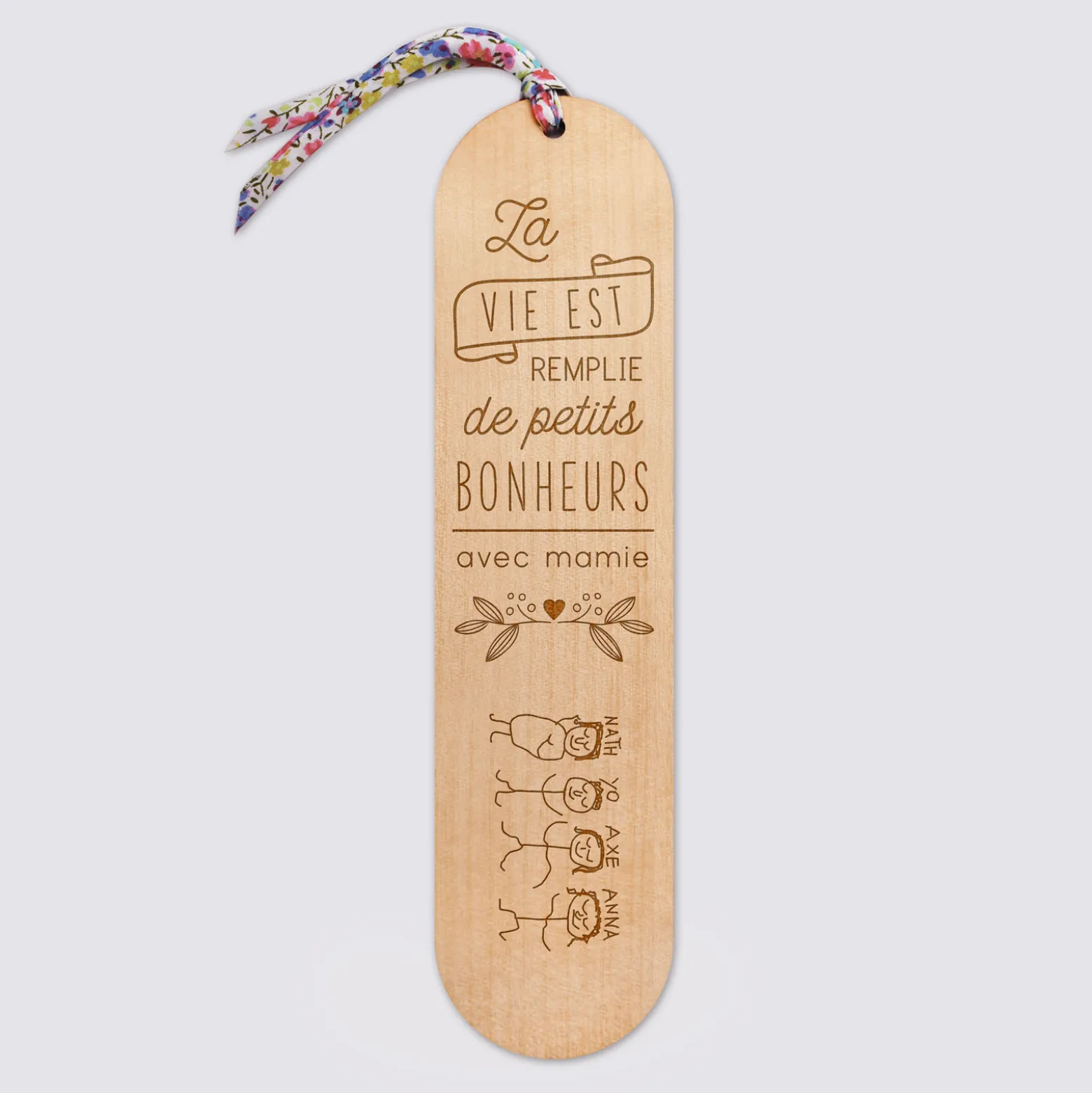 Marque page personnalisé bois gravé avec cordon liberty - édition spéciale "Petits bonheurs"