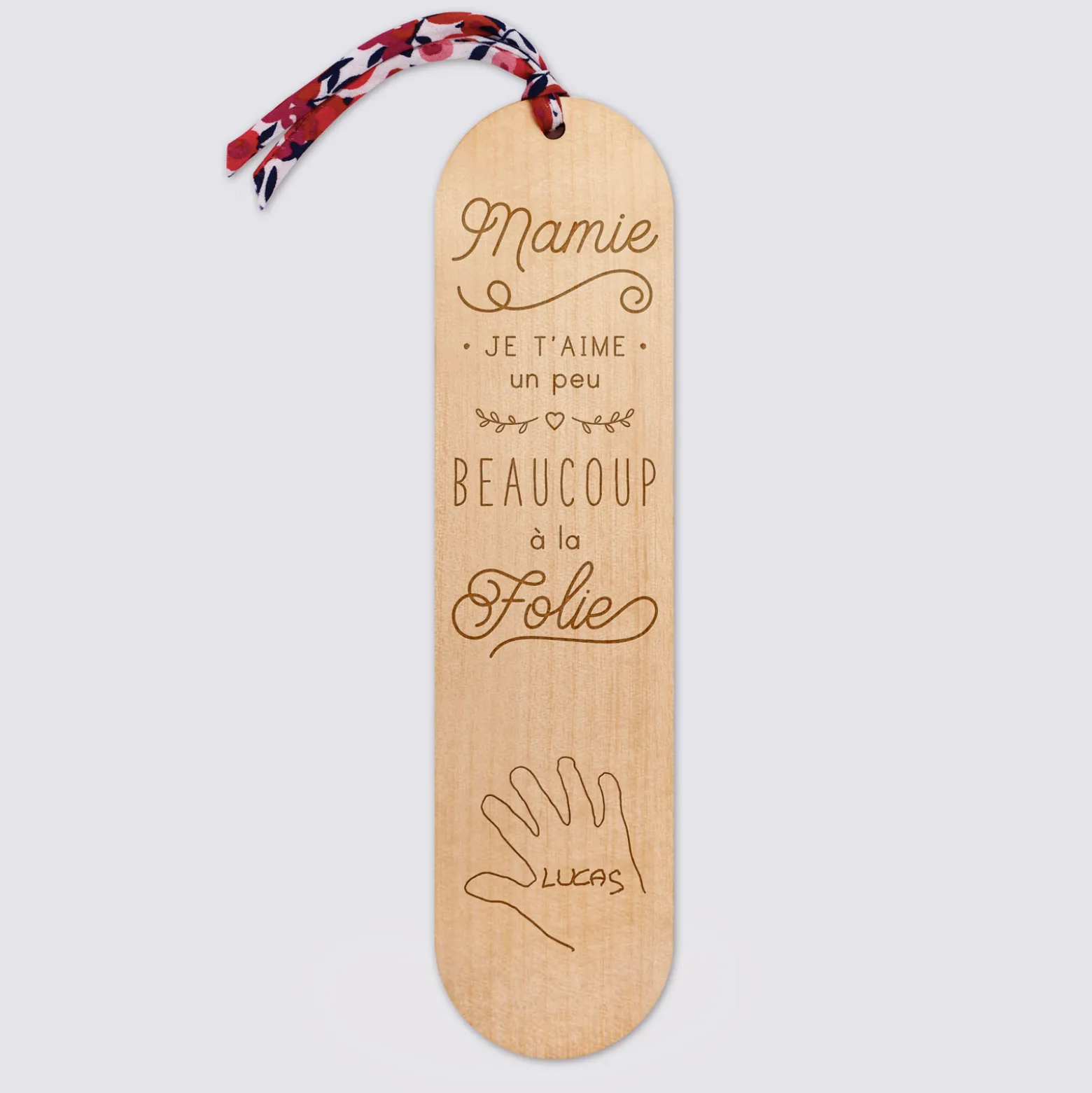 Marque page personnalisé bois gravé avec cordon liberty - édition spéciale "Mamie je t'aime"