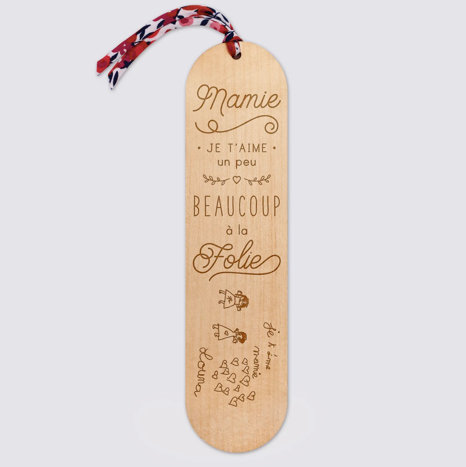 Marque page personnalisé bois gravé avec cordon liberty - édition spéciale "Mamie je t'aime"